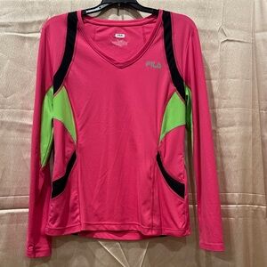 Fila Sport Vibrant Pink with Black & Lime Long Sleeve V-Neck - Women’s Size L